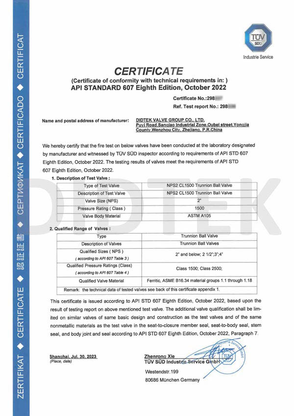API Standard 607 Eighth Edition Certificate Of NPS2 CL1500 A105 Trunnion Ball Valve